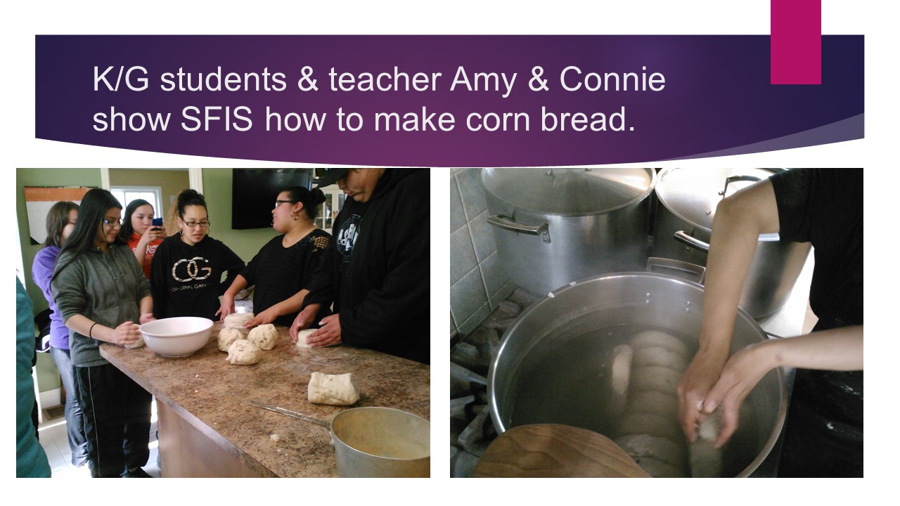 K/G students & teacher Amy & Connie show SFIS how to make corn bread.  